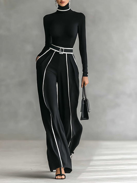 Conjunto de dos piezas para mujer con top de cuello alto de manga larga, pantalones de pierna ancha y cinturón