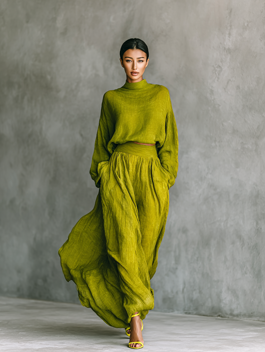 Conjunto de mujer verde en mezcla de algodón y lino