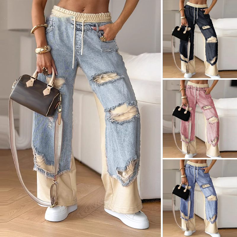 Pantalones de mezclilla de pierna ancha con parche y cordón elástico
