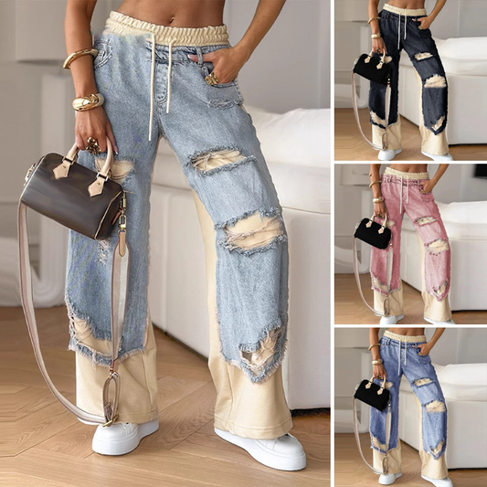 Pantalones de mezclilla de pierna ancha con parche y cordón elástico