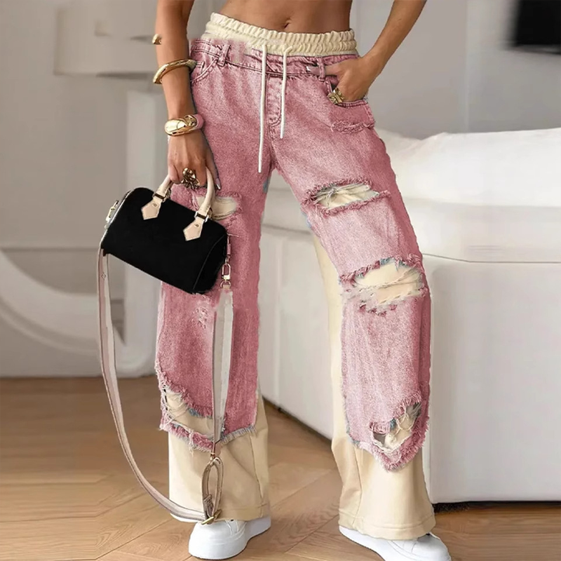 Pantalones de mezclilla de pierna ancha con parche y cordón elástico