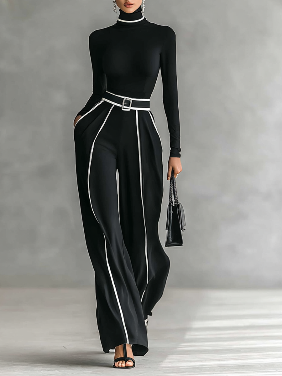 Conjunto de dos piezas para mujer con top de cuello alto de manga larga, pantalones de pierna ancha y cinturón