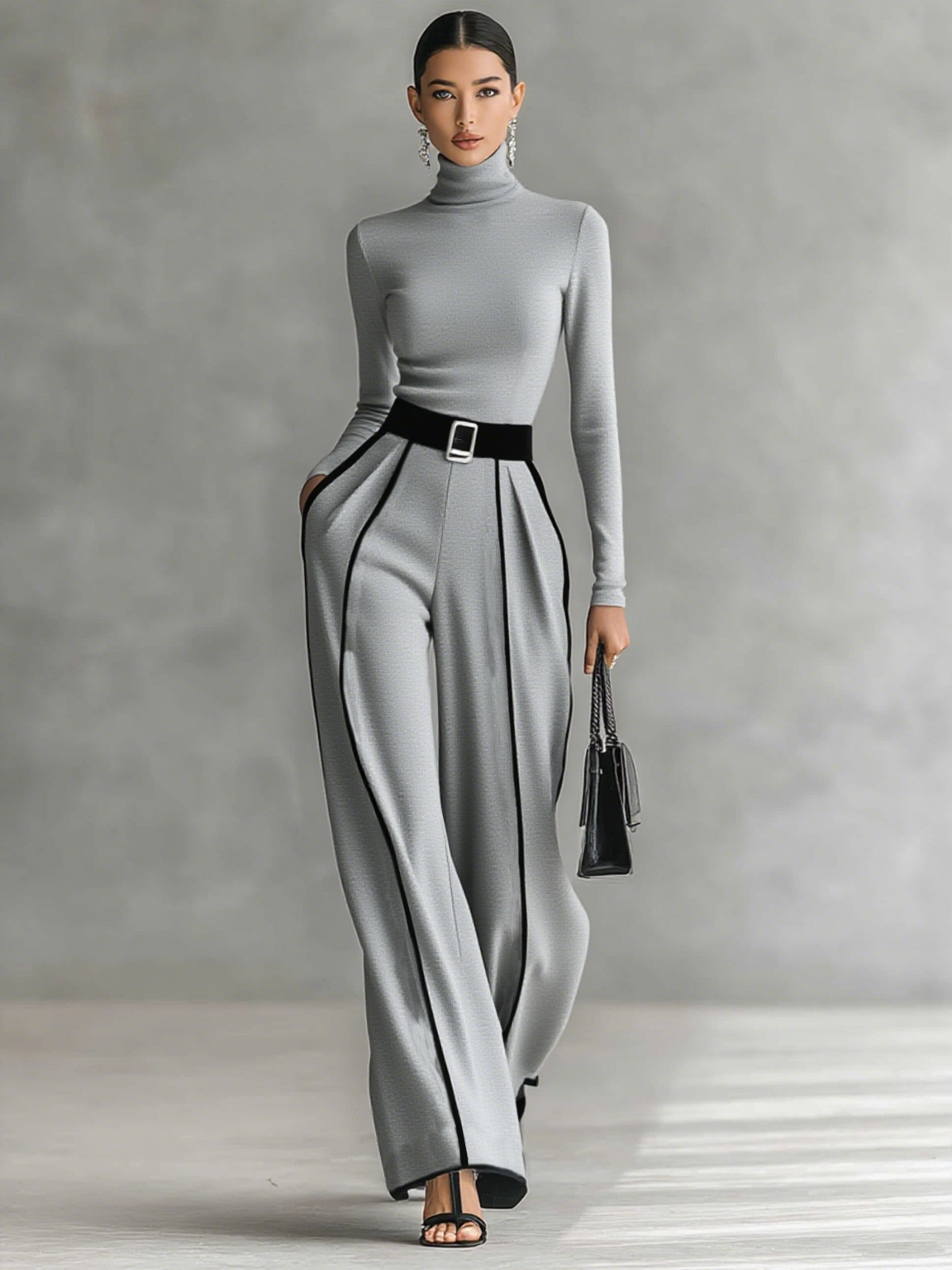 Conjunto de dos piezas para mujer con top de cuello alto de manga larga, pantalones de pierna ancha y cinturón