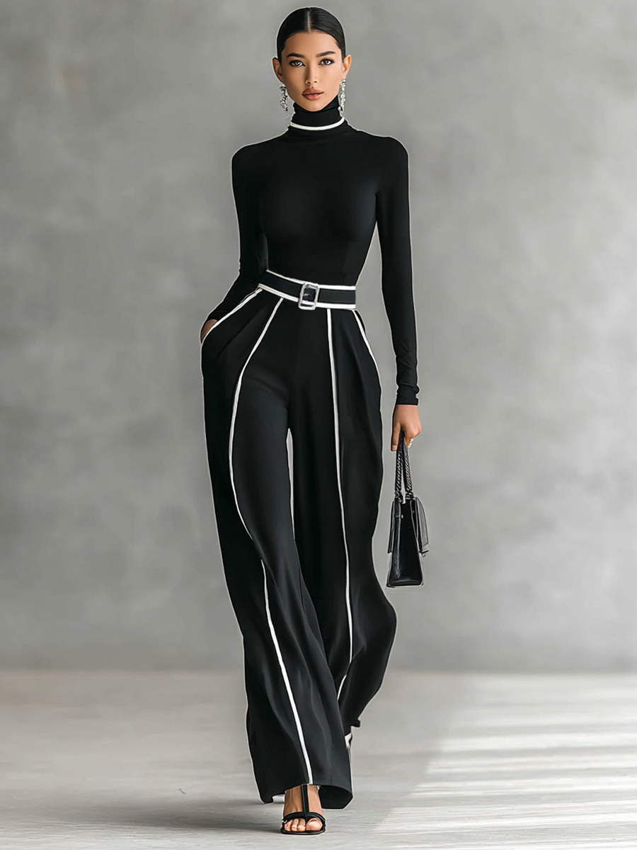 Conjunto de dos piezas para mujer con top de cuello alto de manga larga, pantalones de pierna ancha y cinturón