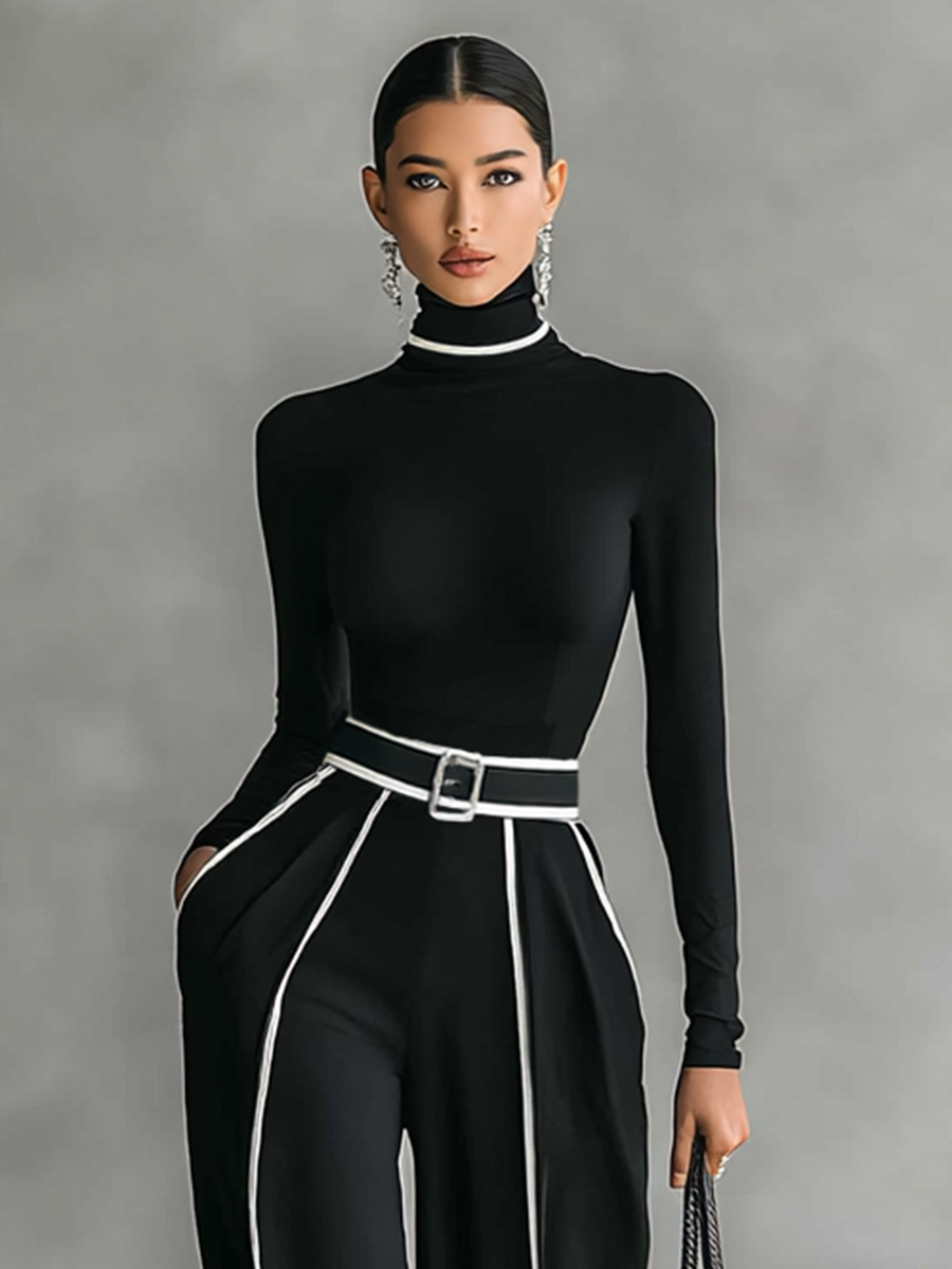 Conjunto de dos piezas para mujer con top de cuello alto de manga larga, pantalones de pierna ancha y cinturón