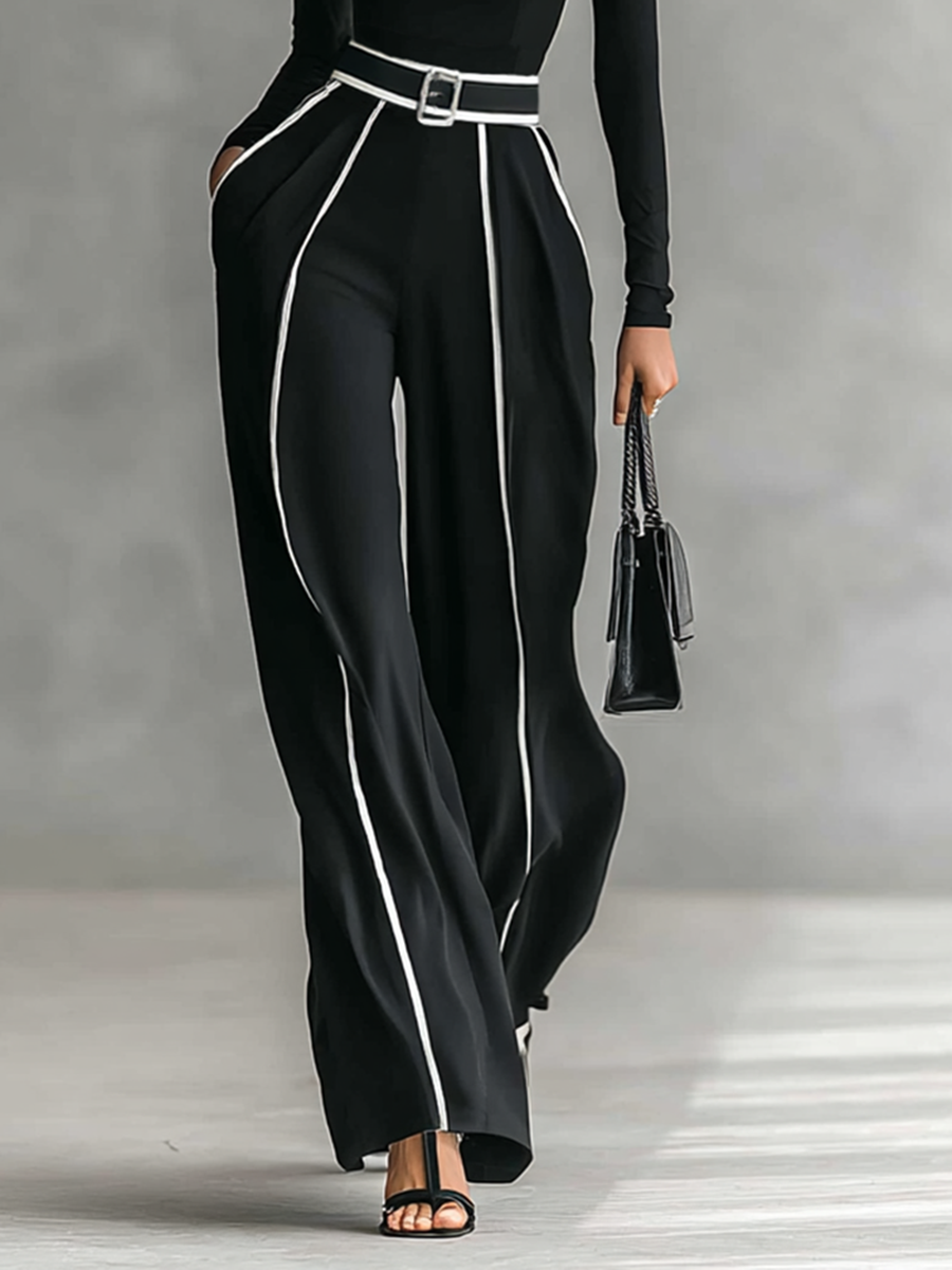 Conjunto de dos piezas para mujer con top de cuello alto de manga larga, pantalones de pierna ancha y cinturón