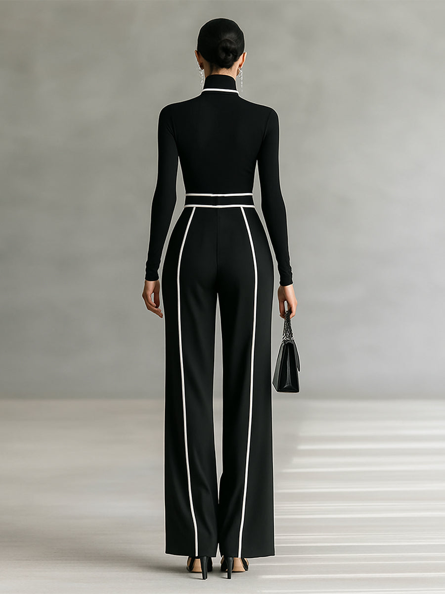 Conjunto de dos piezas para mujer con top de cuello alto de manga larga, pantalones de pierna ancha y cinturón